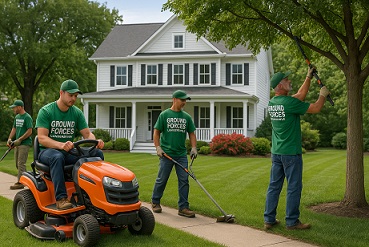 Ground Forces Landscaping team working diligently on a lawn